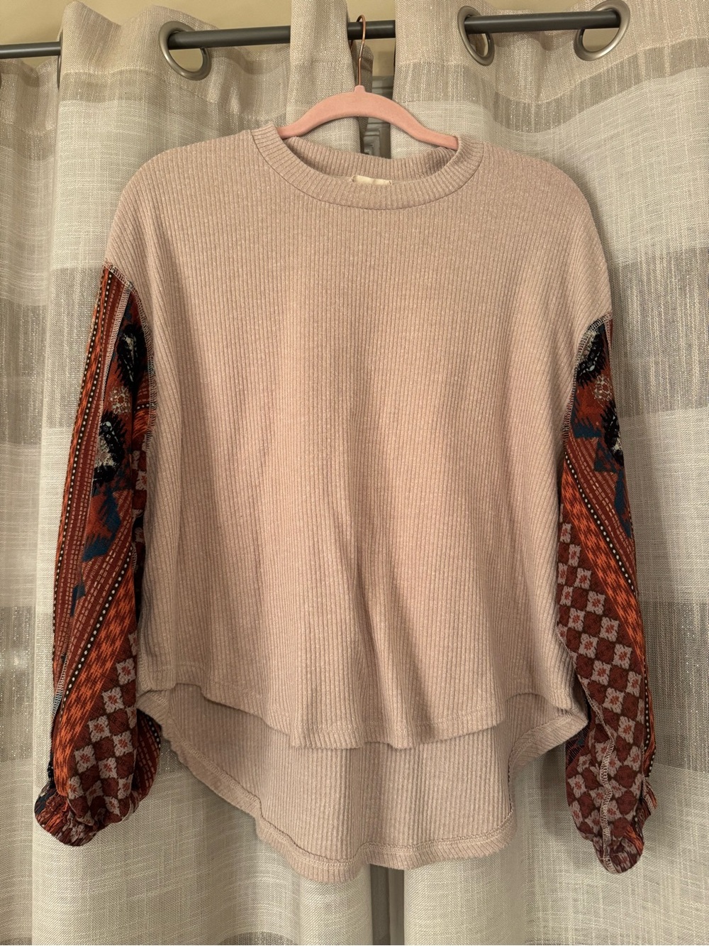 Altar'd State Cream Ribbed Pullover with Burnt Orange Patterned Balloon Sleeves